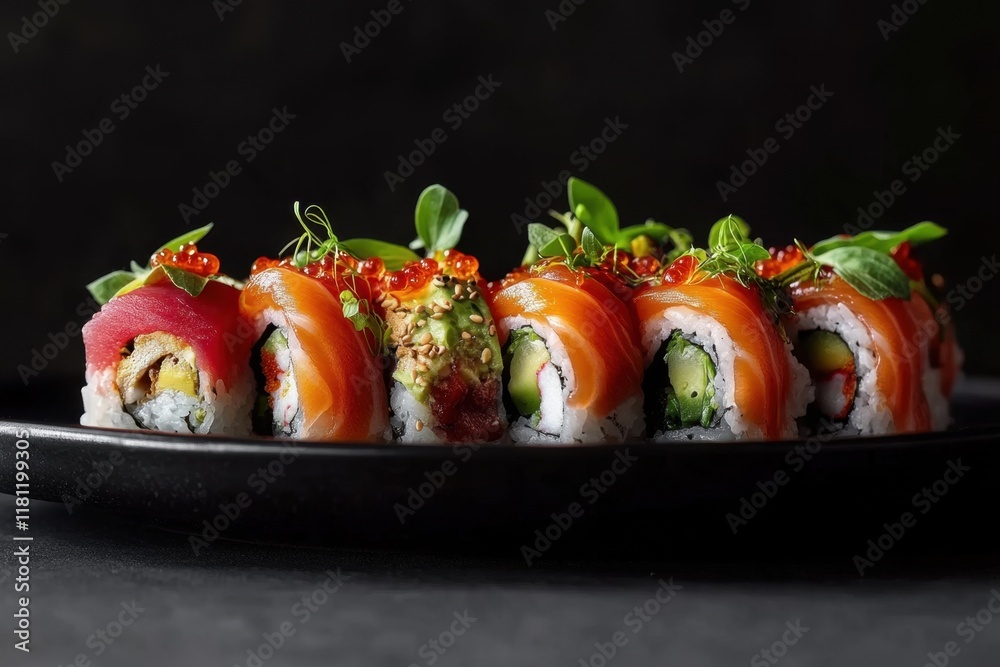 Artistic sushi roll arrangement with vibrant colors culinary delight fine dining experience modern presentation close-up view visual appeal for food enthusiasts