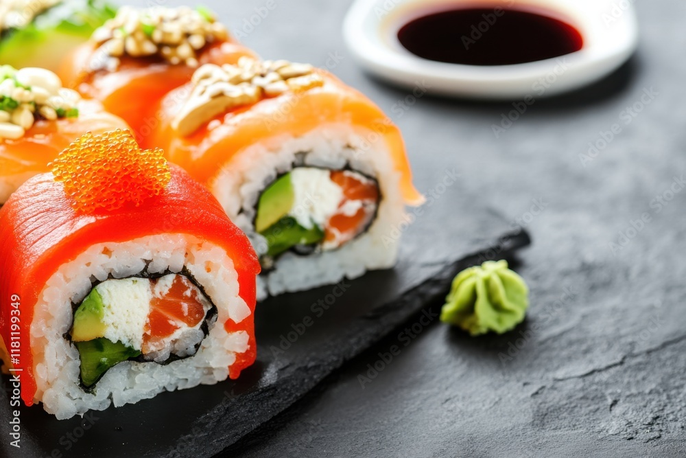 Delicious closeup of colorful sushi rolls with various ingredients sushi restaurant food photography contemporary setting close perspective culinary art and flavor exploration Delicious closeup of colorful sushi rolls with various ingredients sushi restaurant food photography contemporary setting close perspective culinary art and flavor exploration