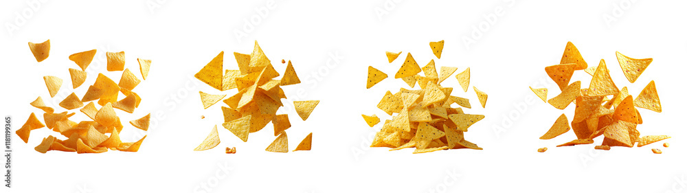 Collection of falling nachos chips isolated on transparent background