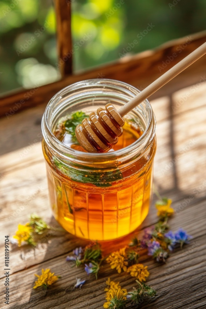 Golden Honey Drizzle: A close-up shot of golden honey being drizzled from a wooden honey dipper into glass jar.
Golden Honey Drizzle: A close-up shot of golden honey being drizzled from a wooden honey dipper into glass jar.
