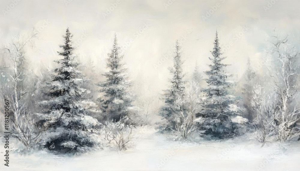 A serene winter landscape featuring snow-covered trees and a misty atmosphere. A serene winter landscape featuring snow-covered trees and a misty atmosphere.