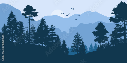 Silhouettes of a trees forest and mountain. natural isolated on blue background.
