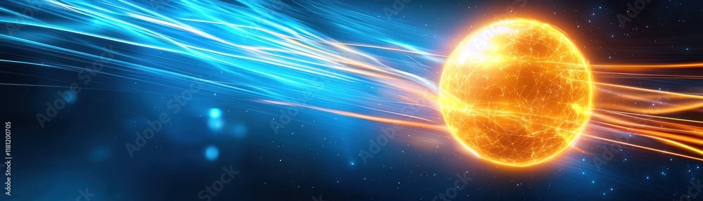 Obraz premium A vibrant, glowing sun emits rays of light against a dynamic blue backdrop, creating a sense of energy and movement in a cosmic setting.