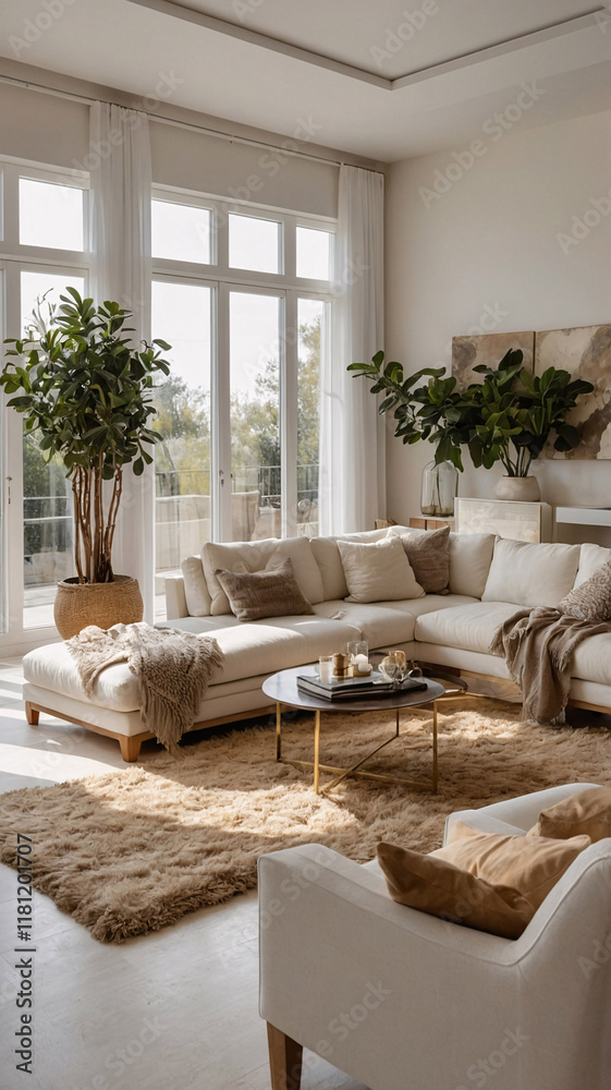 Luxurious modern living space with neutral color couch golden details large windows and abstract artwork Contemporary Interior Design Livingroom Inspiration Luxurious modern living space with neutral color couch golden details large windows and abstract artwork Contemporary Interior Design Livingroom Inspiration