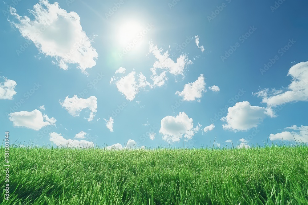Sunny day, green grass field, blue sky, clouds, nature background Sunny day, green grass field, blue sky, clouds, nature background