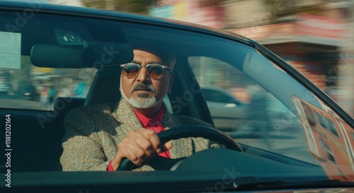 Mature hispanic male driving a car in urban setting with focused expression