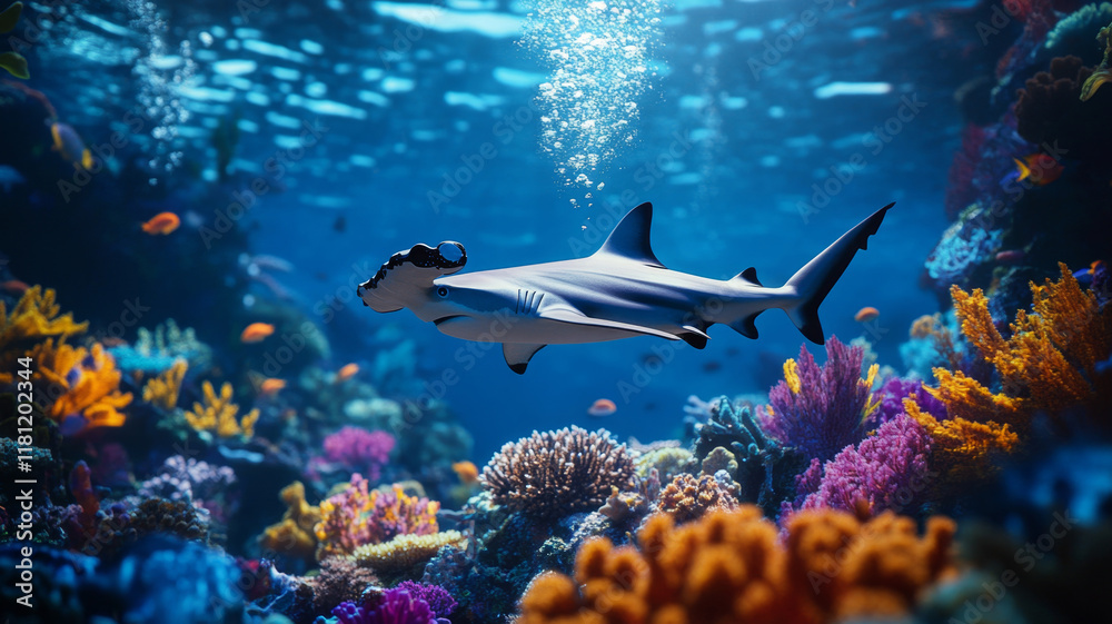 Fototapeta premium A hammerhead shark glides underwater over a coral reef surrounded by colorful fish and bright coral
