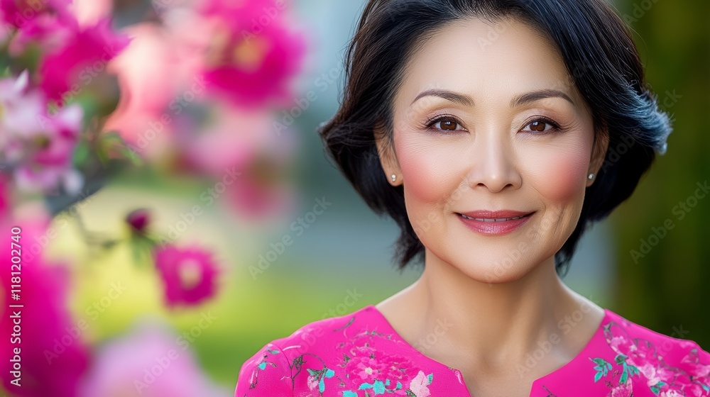 Woman in a pink dress is smiling for the camera. The pink flowers in the background add a touch of color and freshness to the scene Woman in a pink dress is smiling for the camera. The pink flowers in the background add a touch of color and freshness to the scene