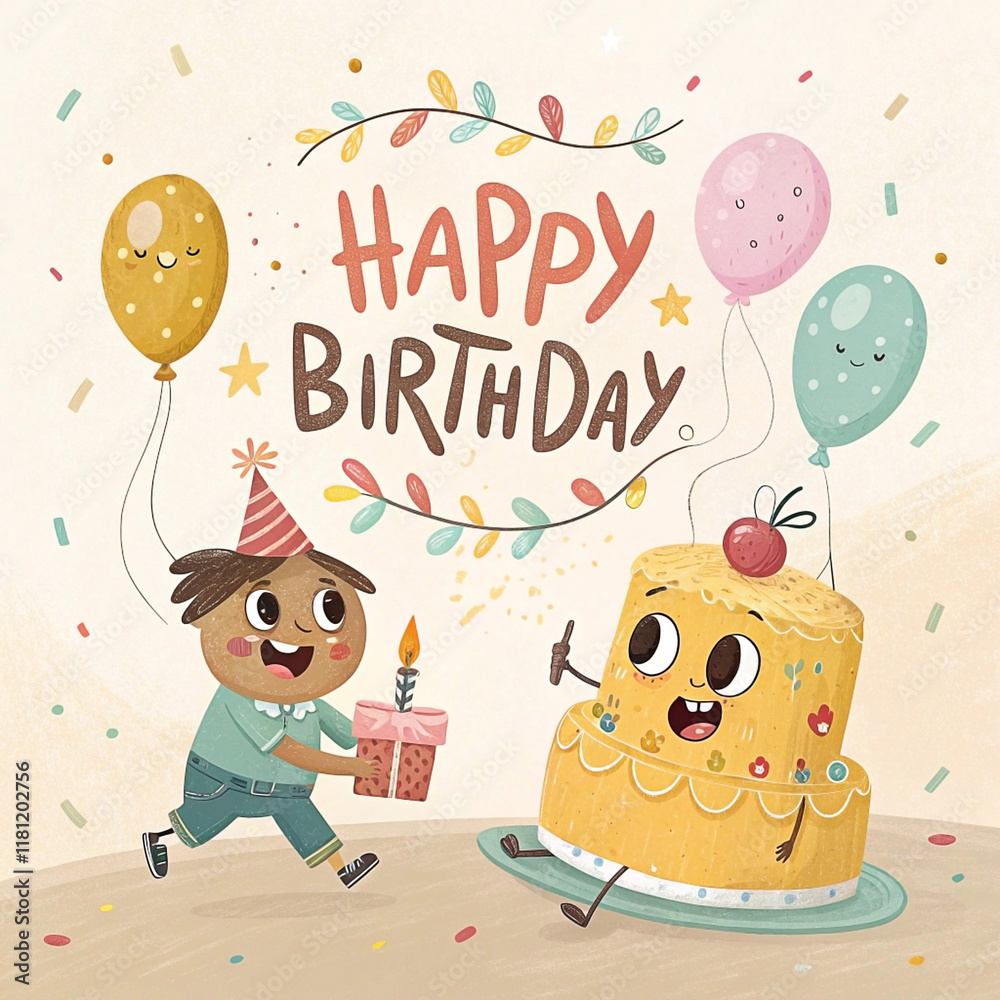 Fototapeta premium Boy giving gift to cake, birthday party, confetti background, card design