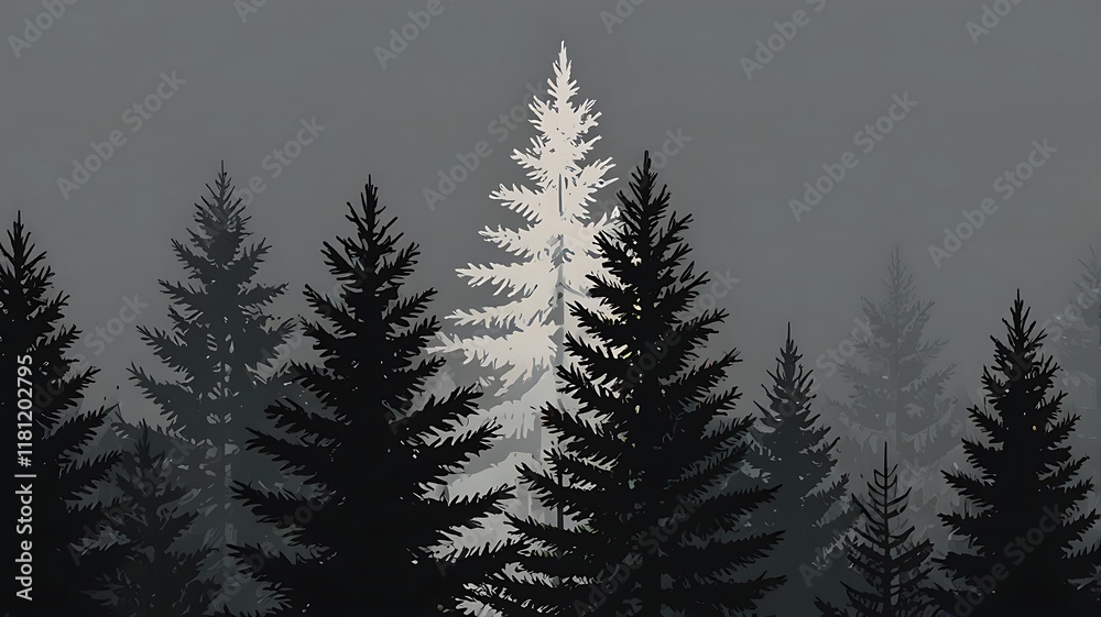 Obraz premium Minimalist Design Of An Evergreen Tree In A Modern, Monochromatic Art Style