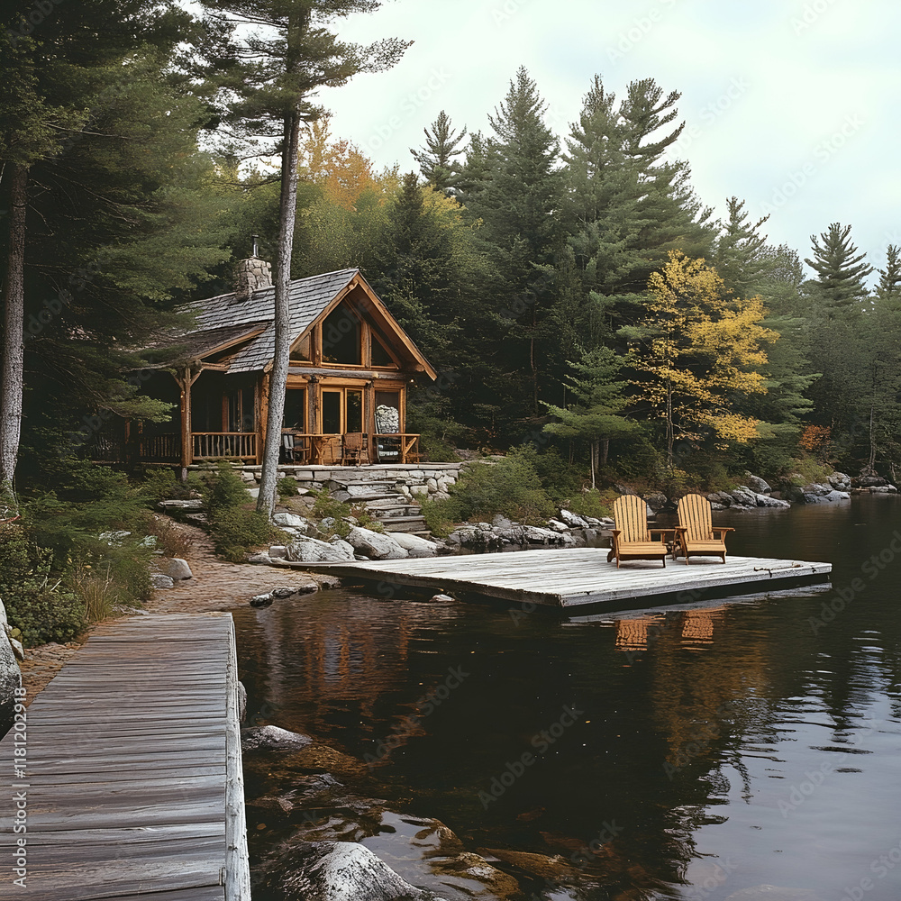 Lakeside cabin retreat; autumn forest; tranquil waterfront; dock chairs; vacation rental.