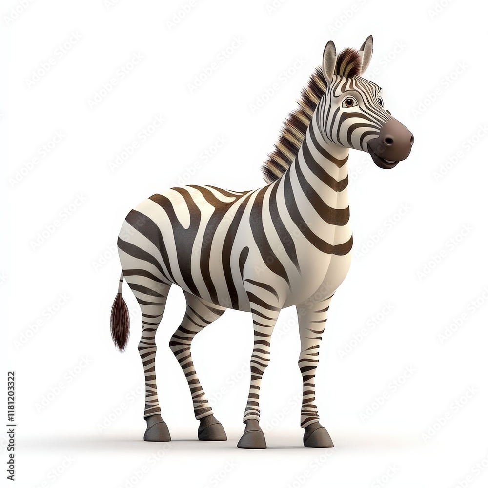 Obraz premium a happy zebra cartoon, animal character, 3D illustration, playful and colorful, isolated on white background