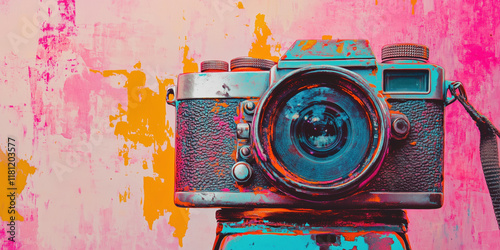Vintage camera against vibrant abstract background