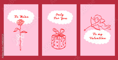 Valentine’s Day Greeting Card Set. Hand Drawn Illustration of Cupid, Rose, Hearts, and Gifts. Romantic Postcards.