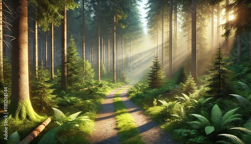 Sunlit Forest Path with Lush Greenery and Tall Trees