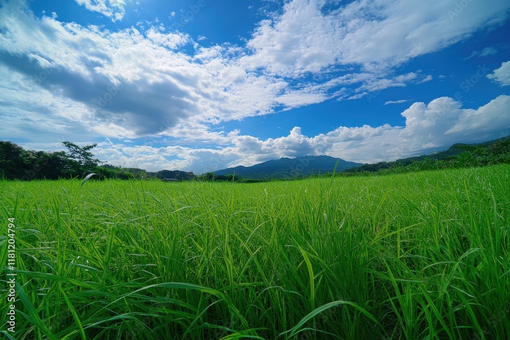 Lush green field, mountain backdrop, sunny day, rural scene, nature travel Lush green field, mountain backdrop, sunny day, rural scene, nature travel
