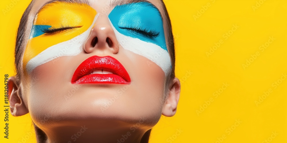 Artistic portrait with vibrant face paint against yellow background Artistic portrait with vibrant face paint against yellow background