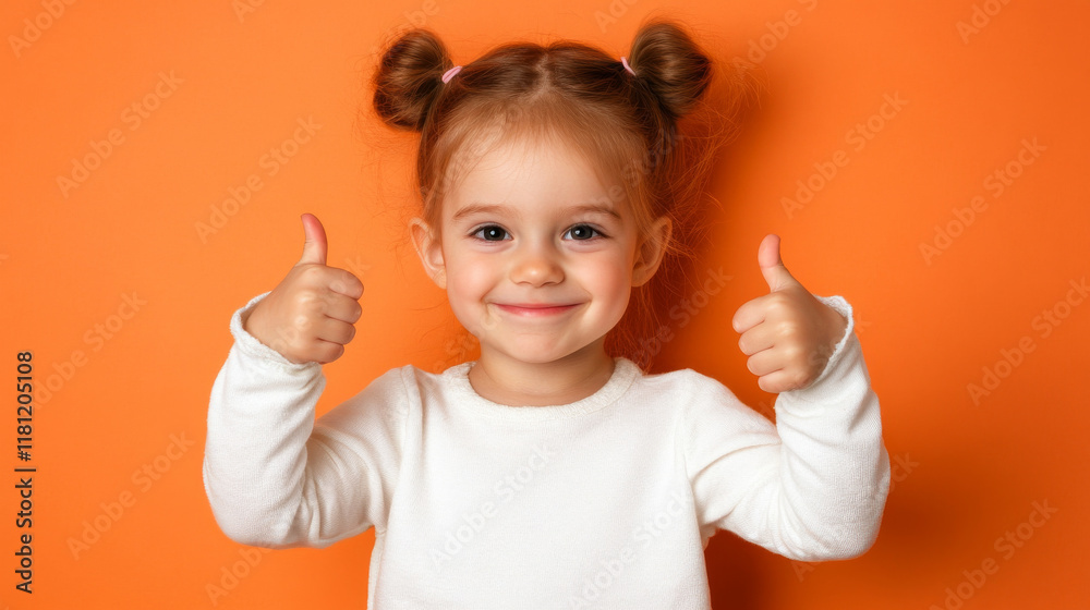 Young caucasian girl with tied-up hair and wearing a white shirt expresses happiness, smiling and giving two thumbs up against a bold orange backdrop, communicating positivity and enthusiasm.