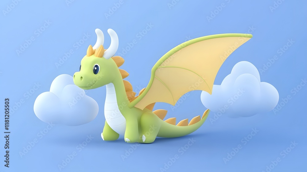 Fototapeta premium Playful green dragon character fantasy world digital illustration colorful background whimsical style