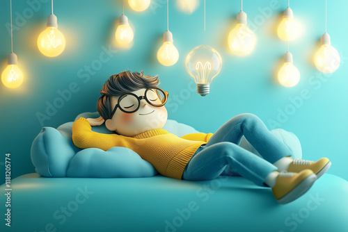 A playful 3D illustration of a cartoon-style character lying on a vibrant blue background, surrounded by light bulbs. The character wears glasses, a yellow sweater, and blue pants, with a glowing ligh