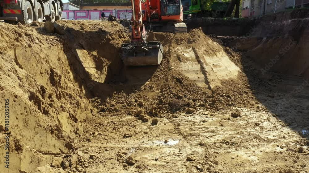 Low view on excavator's work tool, blade as digging, excavating foundation for new residential building soil, ground at construction site, project in progress. Low view on excavator's work tool, blade as digging, excavating foundation for new residential building soil, ground at construction site, project in progress.