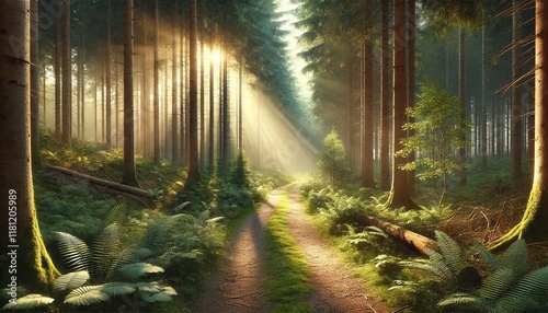 Sunlit Forest Path with Lush Greenery and Tall Trees