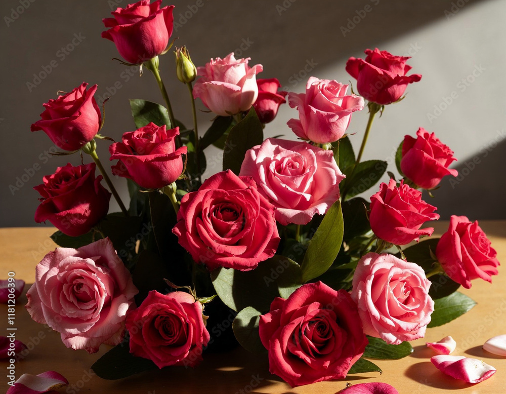 Romantic Red Pink Roses Bouquet Sunlit Arrangement Floral Display Romantic Red Pink Roses Bouquet Sunlit Arrangement Floral Display