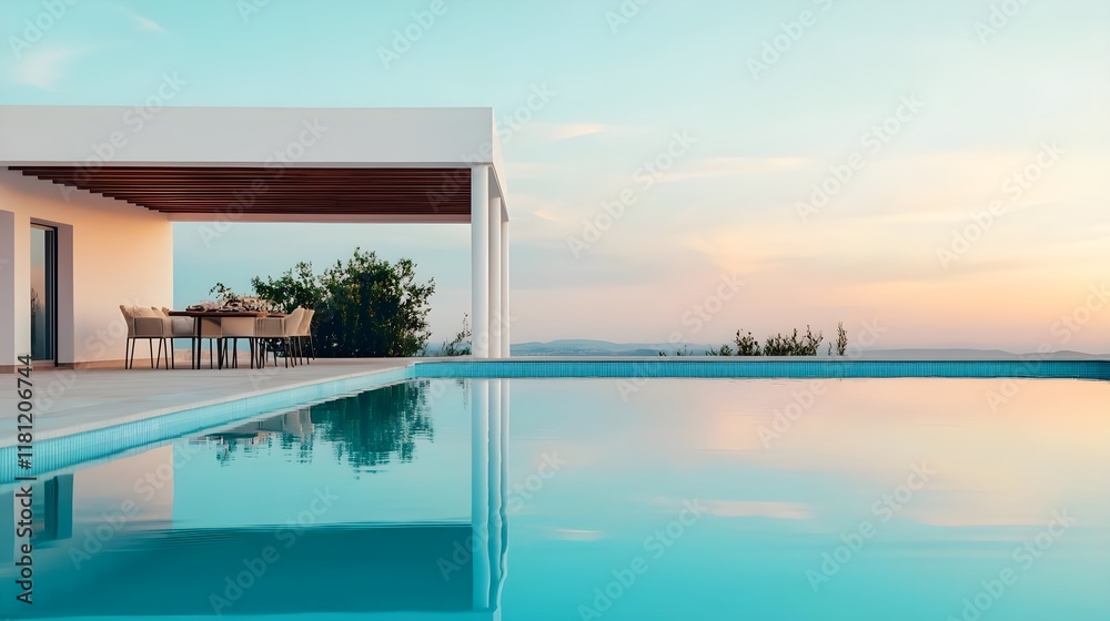Fototapeta premium modern villa sunset poolside relaxation - minimalist architecture