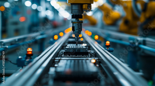 Automated battery production process in ev factory industrial setting close-up view of robotics