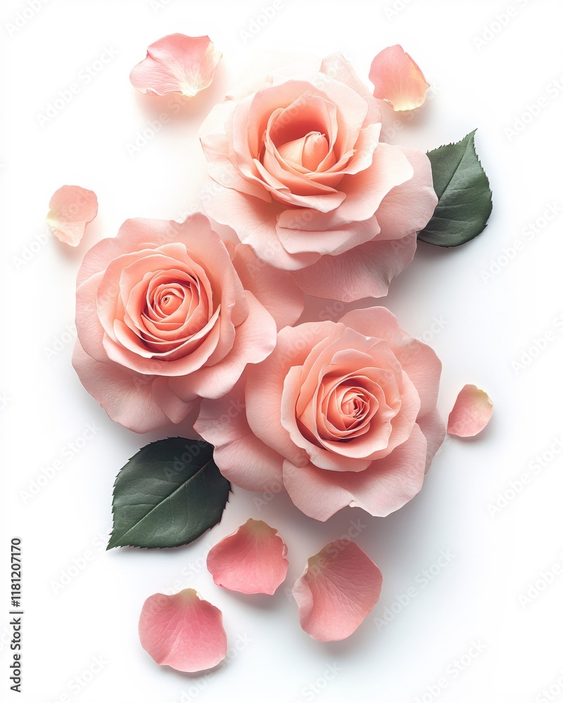 Fototapeta premium Elegant Peach Roses Delicate Petals Soft Floral Arrangement White Background