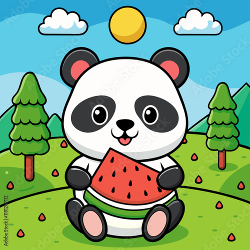 Cartoon panda enjoying a juicy watermelon in a vibrant summer landscape.