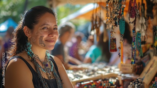 Woman with facial scar showcasing jewelry at a craft fair sunlight illuminating her booth photo