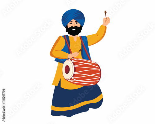 Indian punjabi sikh man traditional dance bhangra with dhol on occasion like lohri or Baisakhi
