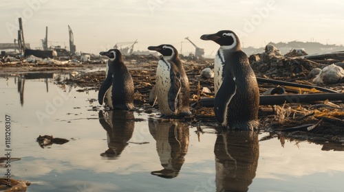 Penguins in polluted coastal area, reflections in water. photo