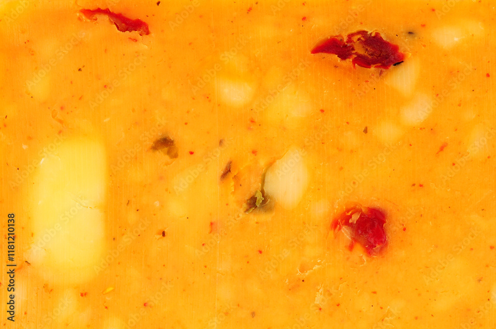 Cheddar cheese slice with mixed peppers and spices flavour background texture Cheddar cheese slice with mixed peppers and spices flavour background texture