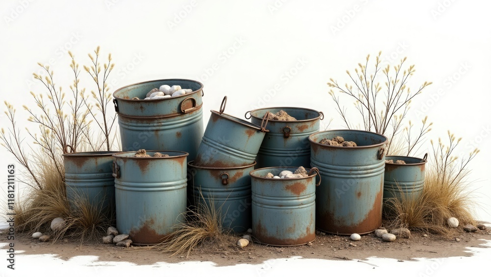 A transparent background features a collection of old, used metal buckets for water, rubbish, and weeds in a rural setting. The countryside A transparent background features a collection of old, used metal buckets for water, rubbish, and weeds in a rural setting. The countryside