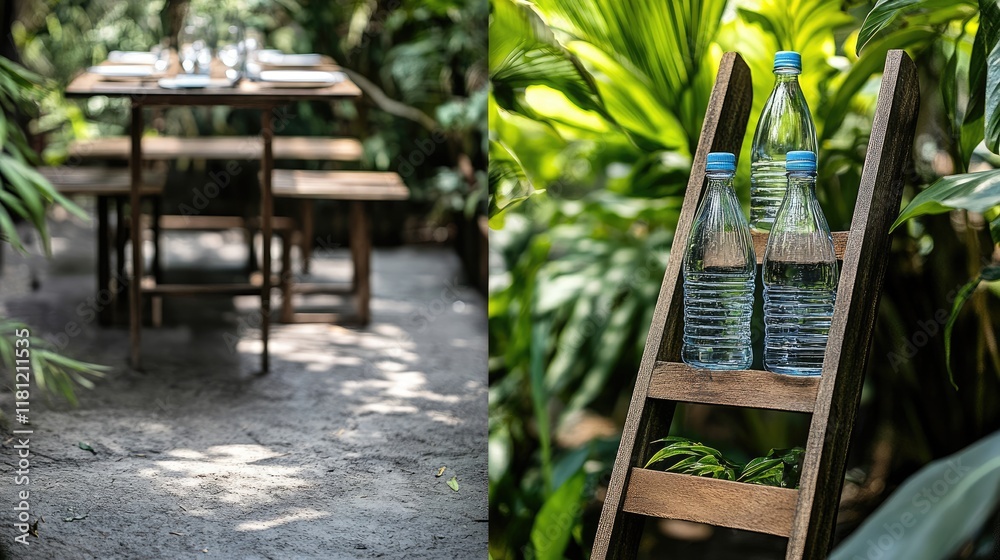 A wooden bottle rack holding mineral water bottles beside a vibrant dining setup. A wooden bottle rack holding mineral water bottles beside a vibrant dining setup.