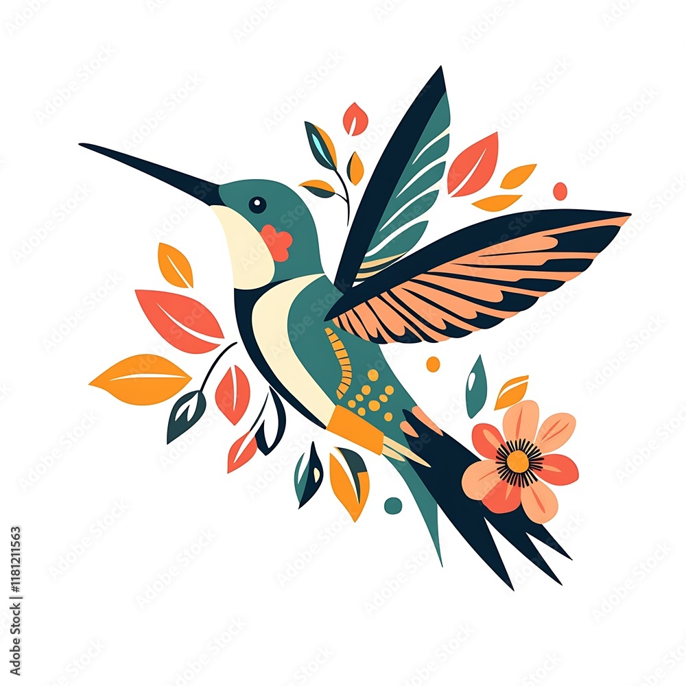 Obraz premium Colorful hummingbird surrounded by leaves and flowers.