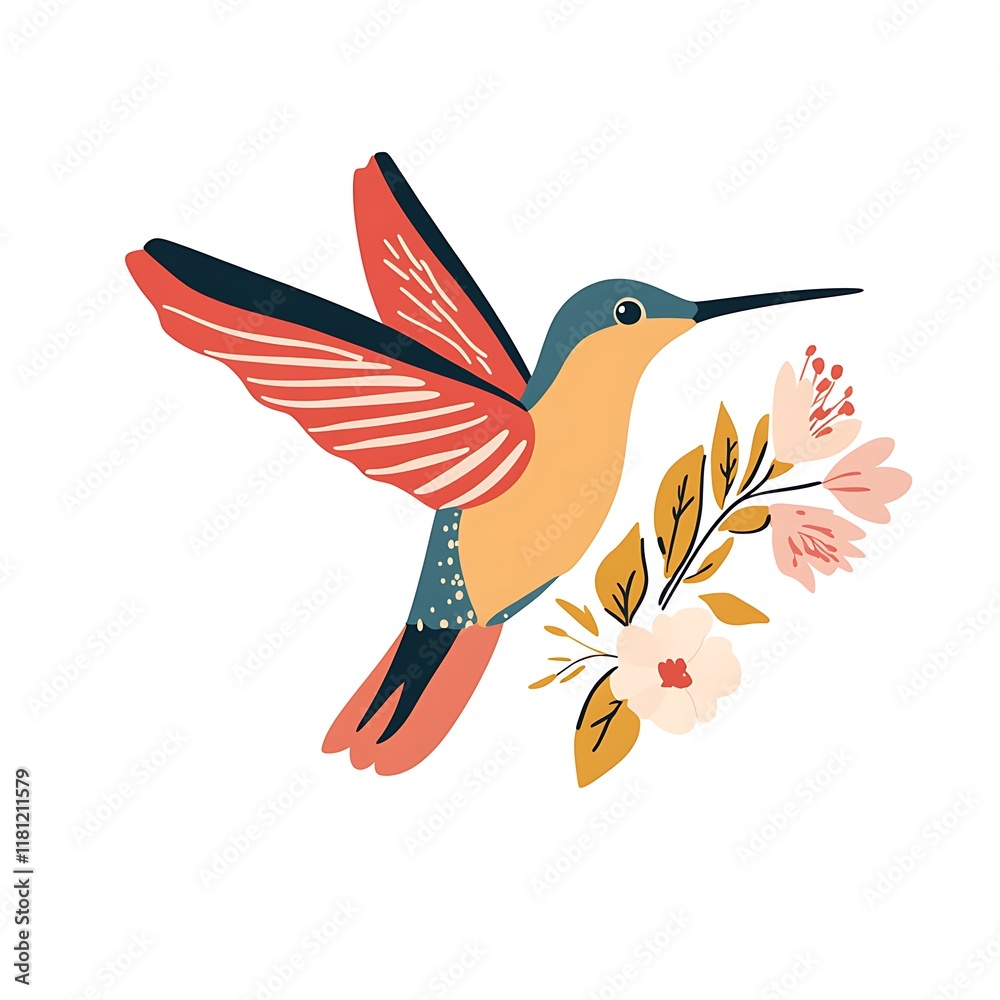 Obraz premium Colorful hummingbird with flowers illustration.