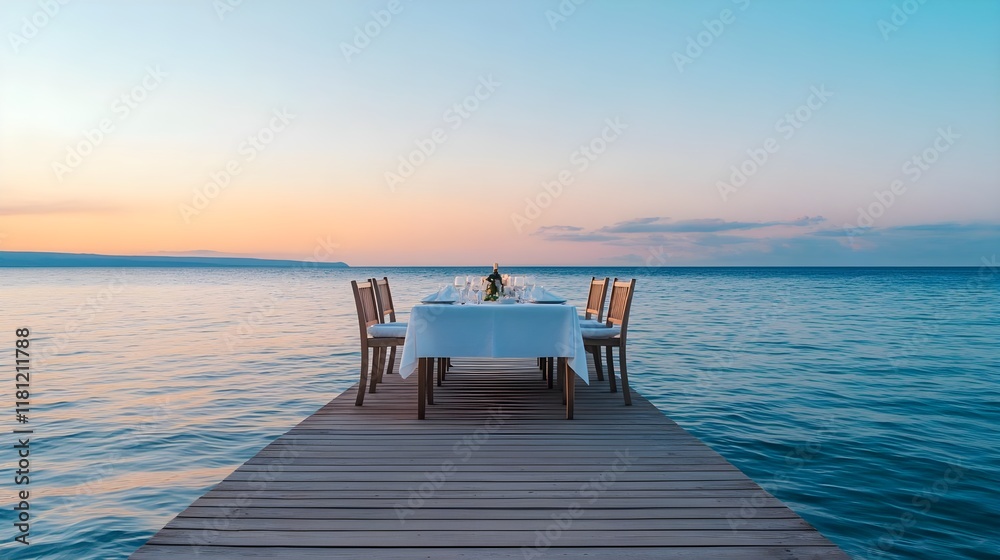 romantic sunset dinner ocean dock - minimalism