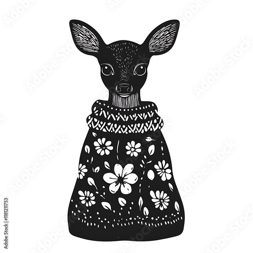 Cute black and white deer wearing a floral patterned sweater.