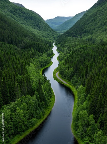 From above, a country road is visible meandering through lush green forests and reflecting off a serene blue lake, embodying the idyllic rural scenery of Finland