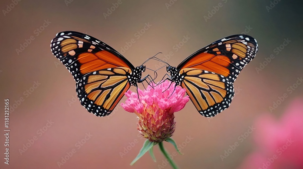 Fototapeta premium Two Monarch Butterflies on a Pink Flower Gentle Nature Scene