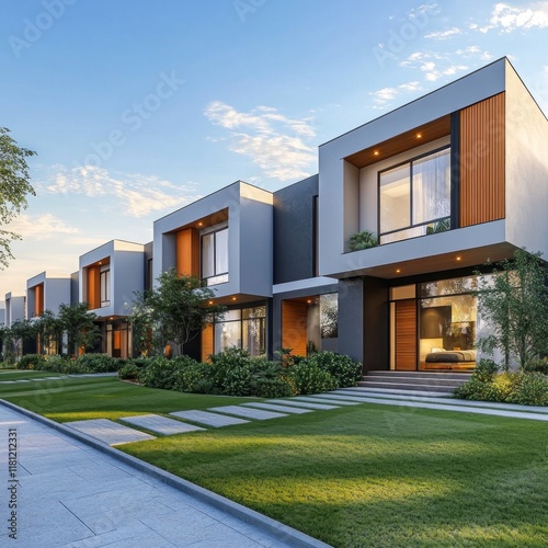 Modern townhouse row homes on a tree-lined street at sunset.