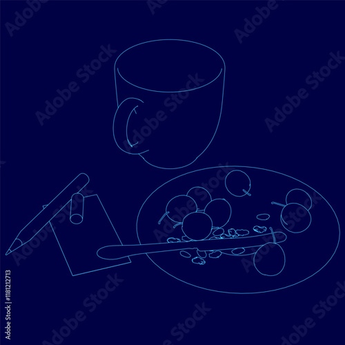 Blue drawing of a cup and a pen on a table with a plate of food. Scene is casual and relaxed, as it depicts a simple mealtime scene