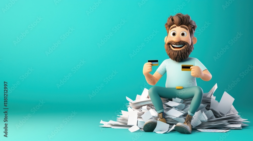 Happy man with beard celebrating success on paper pile Happy man with beard celebrating success on paper pile