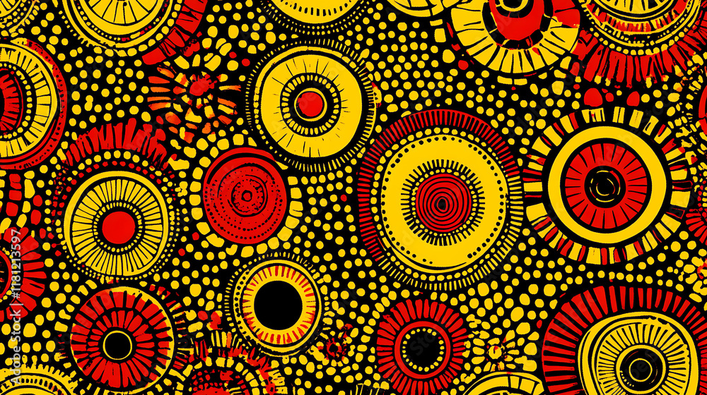 Vibrant African-Inspired Pattern with Circles and Dots, This eye-catching design features a complex pattern of overlapping circles and dots in bold shades of red, yellow, and dark brown. Vibrant African-Inspired Pattern with Circles and Dots, This eye-catching design features a complex pattern of overlapping circles and dots in bold shades of red, yellow, and dark brown.