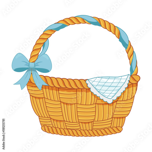 Cute wicker Easter empty basket with blue bow, ribbon and plaid picnic napkin. Vector hand drawn wicker picnic basket.