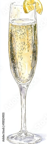 A watercolor depiction of a cocktail in a champagne glass adorned with lemon peel