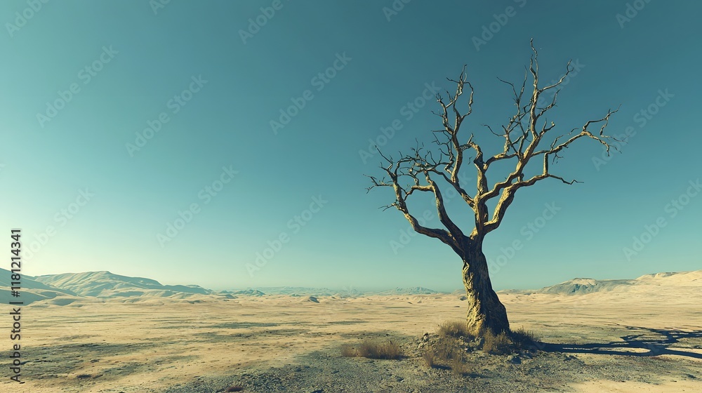 Obraz premium A withered tree in the middle of a barren desert landscape.
